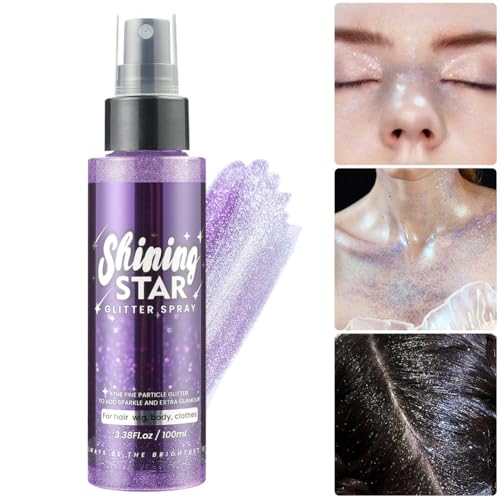 LOPHE Brokatowy spray, brokat do włosów na twarzy ciała dla kobiet, błyszczący, błyszczący puder, holograficzny spray, szybkoschnący lakier do włosów na festiwal makijażu, karnawał, fioletowy