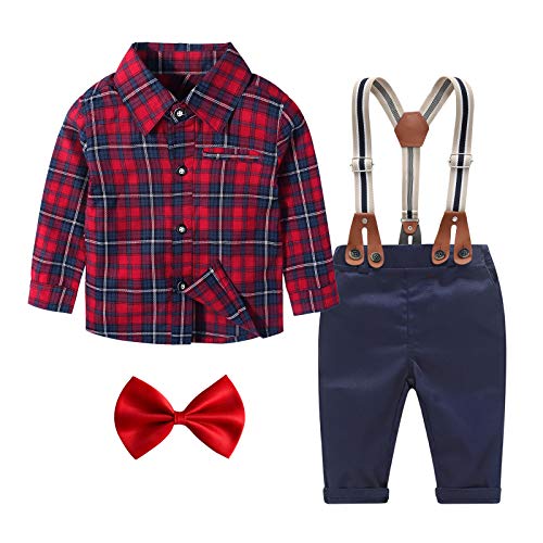 Easter Boy Clothes Set 4pcs Long Sleeve Bowtie Shirt Suspender Pants Infant Gentleman Outfit Suit Set Red Black