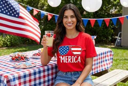 Image of ForHailey Women's 4th of July Patriotic Shirts Graphic Tees USA Shirt American Flag Short Sleeve Tunic Tops