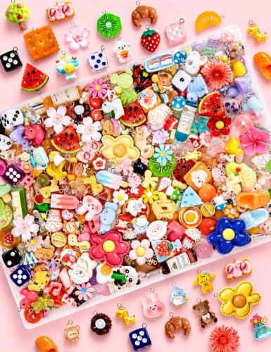 RQAYE 100Pcs DIY Cute Bracelet Charms Resin Charms for Jewelry Making Keychain Craft Accessories Mini Fruit Candy Animal Kandi Pendants for Bracelets Necklaces & Earrings