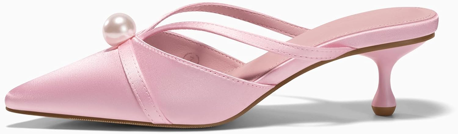 Coutgo Womens Pearl Kitten Heels Mules Closed Pointed Toe Sandals Satin Wedding Party Dress Shoes - Image 4