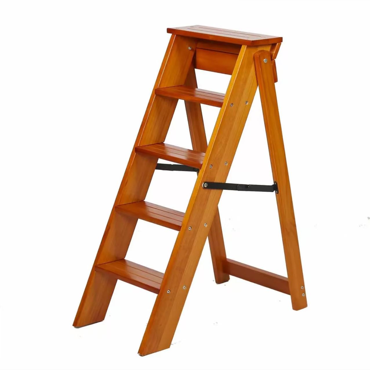 Moveable 5 Steps Stepladder Multifunction Wooden Ladder Stool Folding