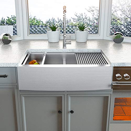33 Farmhouse Double Sink - Kichae 33 Inch Kitchen Sink Apron Front Low Divided Double Bowl 50/50 Stainless Steel 18 Gauge Farm Sink
