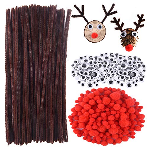 CHRORINE 830 Pcs Pipe Cleaners Craft Set, Brown Pipe Cleaners, Googly Eyes, Red Pom Poms for Christmas Reindeer DIY Crafts