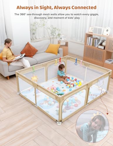 Image of Dripex Baby Playpent with Mat, 71 inchx59 inch Large Play Pen for Babies, Beige | Included Waterproof Mat /Portable Bag / Pull up Rings, Breathable Visible Mesh, Easy Setup, Indoor /Outdoor Use