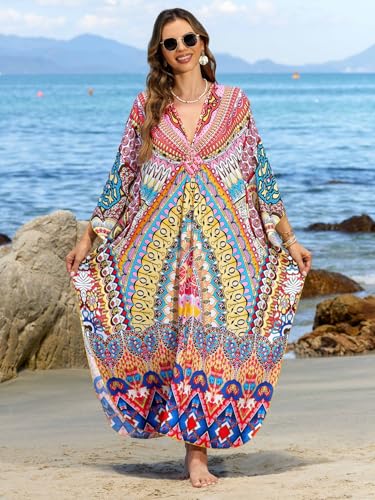 Image of IMAGEKOPE Women's Plus Size Animal Print V-Neck Batwing Kaftan Beach Dress Bathing Suit Cover-Up Loungewear