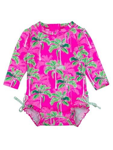 RuffleButts Baby Girls UPF 50+ Sun Protection Tropical Print Long Sleeve One Piece Rash Guard Swimsuit with Zipper