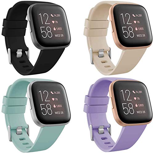 CAVN 4-Pack Sport Bands Compatible with Fitbit Versa 2/Versa/Versa Lite, Silicone Bands for Women Men, Replacement Wristband Watch Strap, Black/Mint Green/Light Khaki/Light Purple, L (6.5''-8.9'')