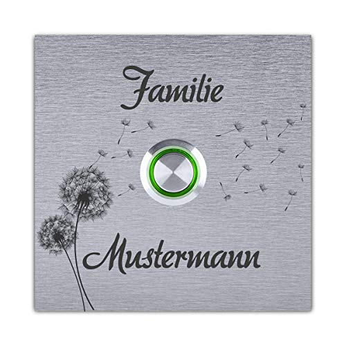 Türklingel mit Gravur Edelstahl 100x100mm mit LED-Taster (Farbe wählbar) Wasserdicht und Montagefertig von Klingelhaus - Pusteblume Cover