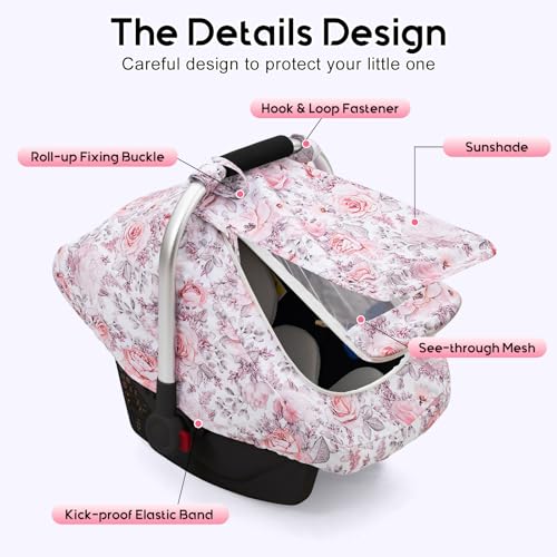 Image of Car Seat Cover Baby Girls, Mink Dot Carseat Covers for Newborn with Breathable Mesh and Sun Shade Window, Warm Stretchy Infant Car Seat Canopy Snug Fit Baby Carrier, Stroller