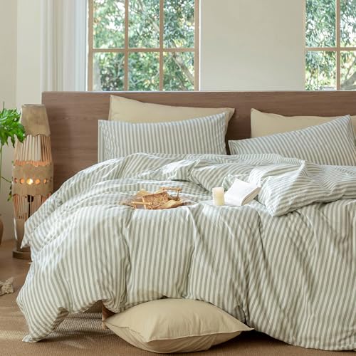 Image of MooMee Striped Duvet Cover Set 100% Washed Cotton Linen Like Full | Relaxed Linen-like Texture. Soft, Breathable & Long-lasting Comfort. Lightweight. Hidden Zipper with 8 Interior Corner Ties