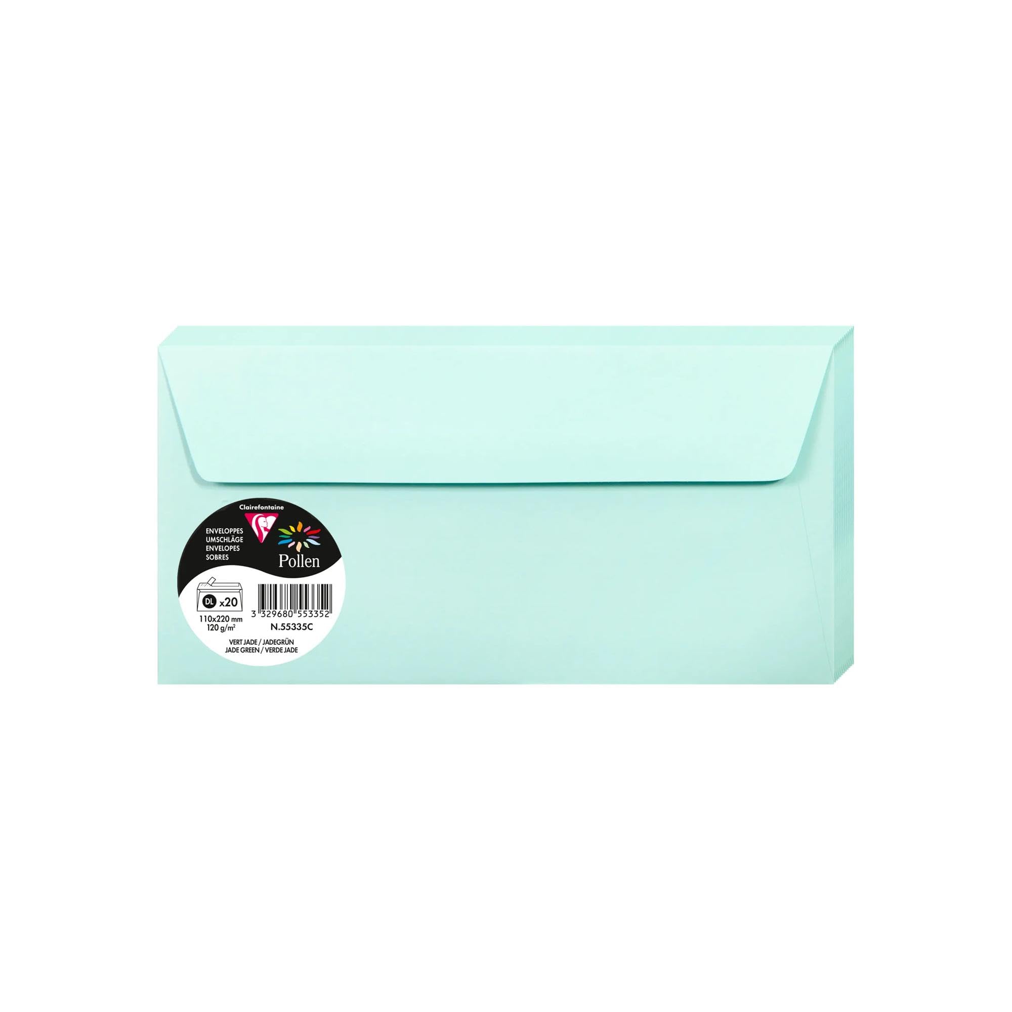 Clairefontaine 55335C Pack of 20 Self-Adhesive Envelopes Format DL (11x22cm) 120gsm Colour Jade Green Invitation Event Correspondence Pollen Range Premium