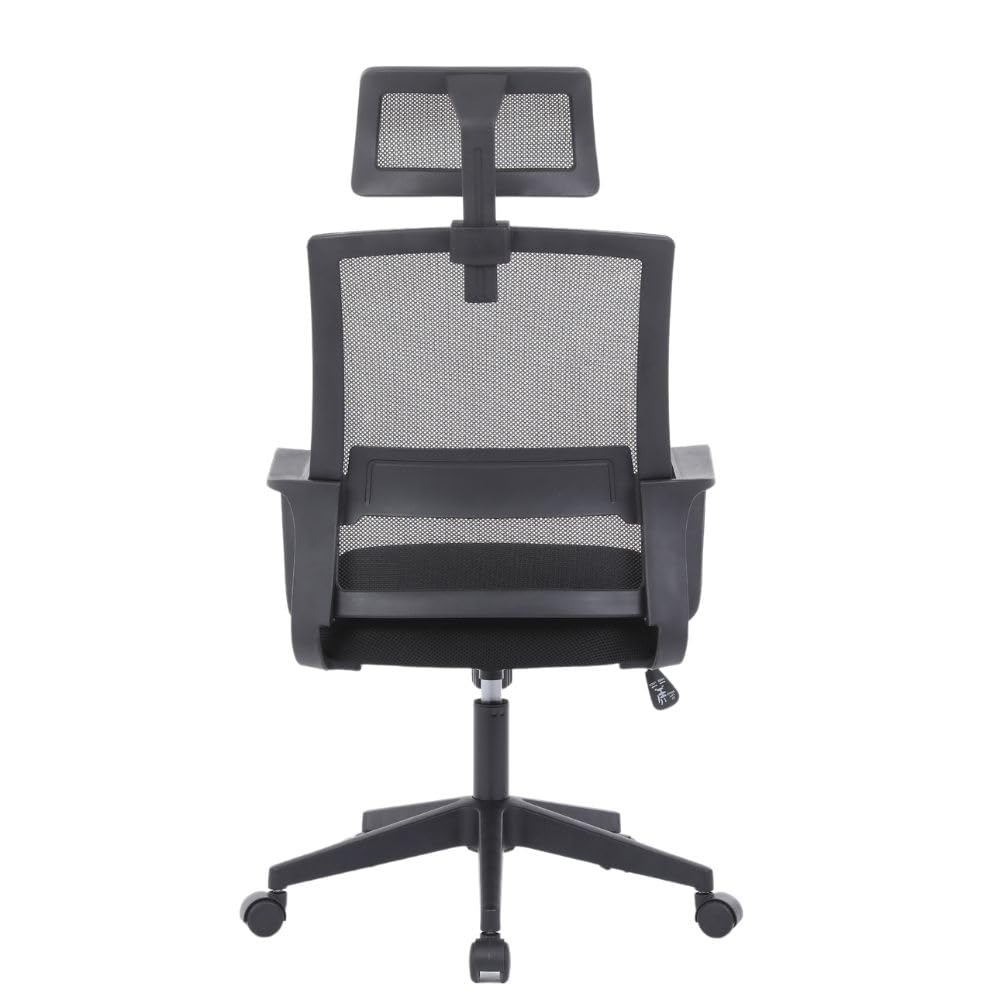 One Living - Sedia Ergonomica da Ufficio CONSTANCE con Poggiatesta Regolabile, Schienale in Rete Traspirante, Base in Nylon con Rotelle, Nero