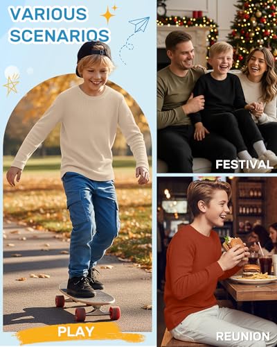 Image of 4 Pack Boys Long Sleeve Waffle Shirts | School Sweaters for Boys, Waffle Knit Thermal Shirts, Crewneck Thermal Casual Tops, Fall, Winter, Kids Clothes for 5-14 Y