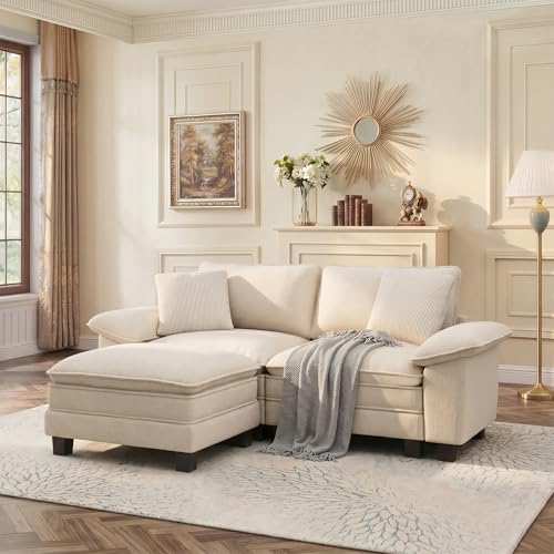 Image of PHI VILLA 87.5 inch Oversized Sectional Loveseat Sofa with 1 Movable Ottoman | Chenille Beige, Wider Armrest, Comfy Deep Seat, Wood Frame, Modern Cloud Modular Couch for Living Room and Apartment