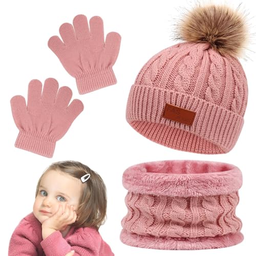 Juego de gorros y bufandas y guantes para niños – gorro de invierno y guantes de punto | cálido calentador de cuello | bufandas acogedoras, guantes, gorros gruesos para exteriores para niñas jóvenes,