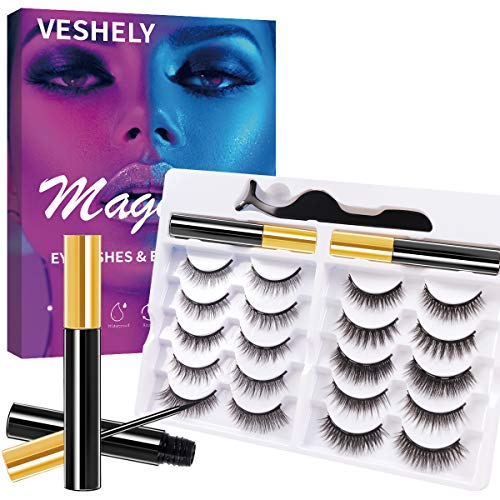 VESHELY Magnetic Eyelashes with Eyeliner Kit,3D Natural Look False Magnetic Lashes and Magnetic Liners Waterproof,10 Pairs Short and Long Eyelash Set - No Glue Needed