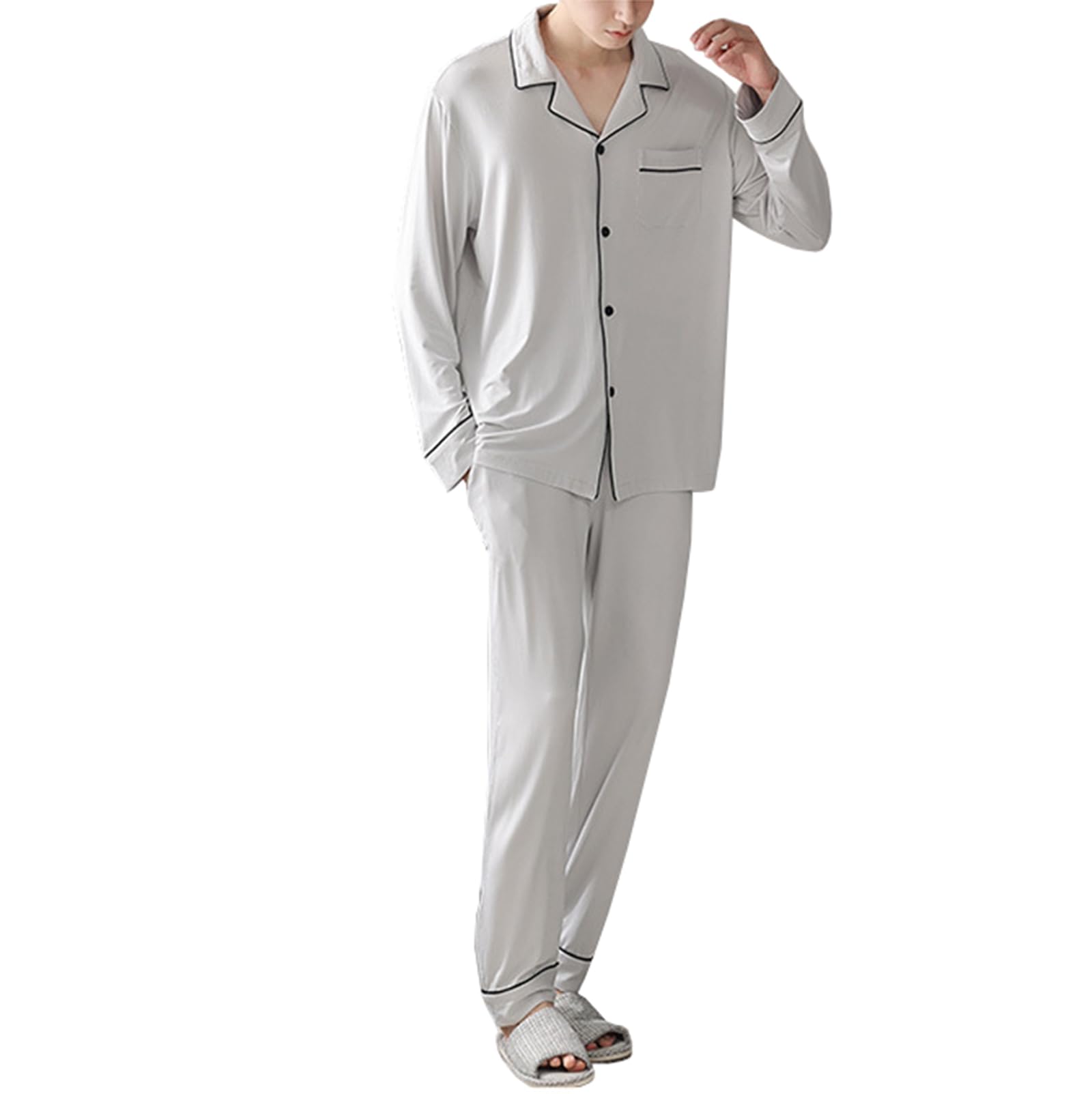 Morbido Pigiama Set, Pulsante Giù Lungo Manica Pigiameria Uomo per Gli Uomini 2 Pezzi Pjs Set con Tasche