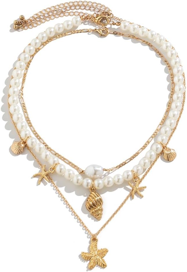 Gold Starfish Shell Multilaye Layered Necklace for Women Summer Conch Beaded Surfer Beach Jewelry - Image 6
