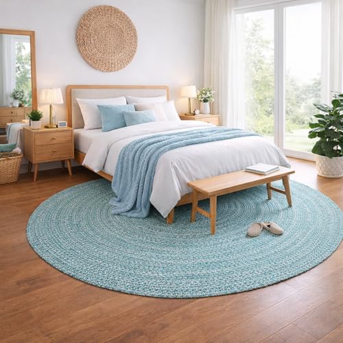 Image of Cotton Round Carpet 3x3 feet - Handmade Braided Boho Rug for Living Room, Bedroom & Balcony - Soft Washable Floor Mat, Color -Light Grey