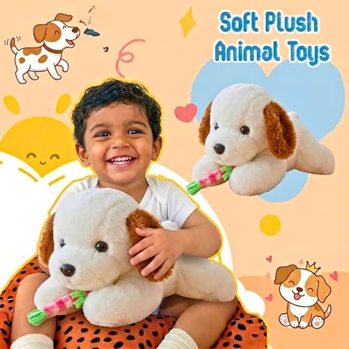 Image of Tickles Laying Puppy Dog with Muffler Soft Stuffed Plush Animal Toy for Kids (Color: Brown & White Size: 45 cm)