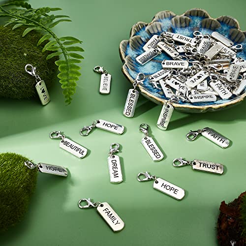 SUNNYCLUE 1 BOX 48Pcs 12 Styles Word Charm Pendants Alloy Engraved Motivational Inspiration Rectangle Pendant Tibetan Style Lobster Clasps for Jewelry Making Charms Bracelets Supplies Antique Silver - Image 4
