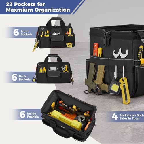 Image of 16-Inch Heavy Duty Tool Bag, 22 Pockets Empty Tool Box Organizer Storage, Soft Large Tote Toolbox Organization Portable Handle Carry Drill Toolbag for Handyman Home DIYer, Dad Men Gifts, Black
