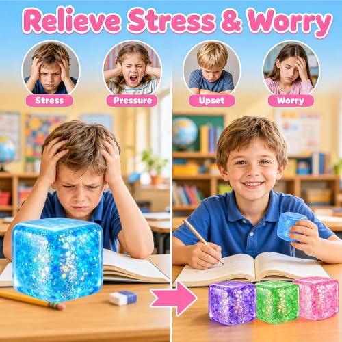 Image of 4 Pack Ice Cube Squishy, Slow Rising Squishy Toys with Glitter, Sensory Fidget Cube Set for Kids Teens Adults, Stress Relief Squeeze Toys