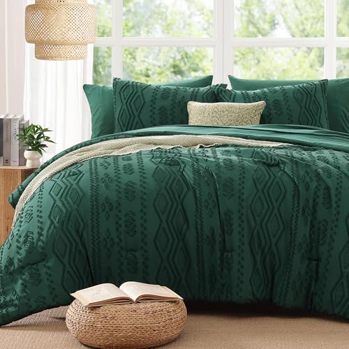 Image of AMBERSPACE Queen Comforter Set Emerald Green, Tufted Boho Bedding Farmhouse Dark Green Bed Set, All Season 7 Pieces Bed in a Bag with Sheets, Pillowcases & Shams