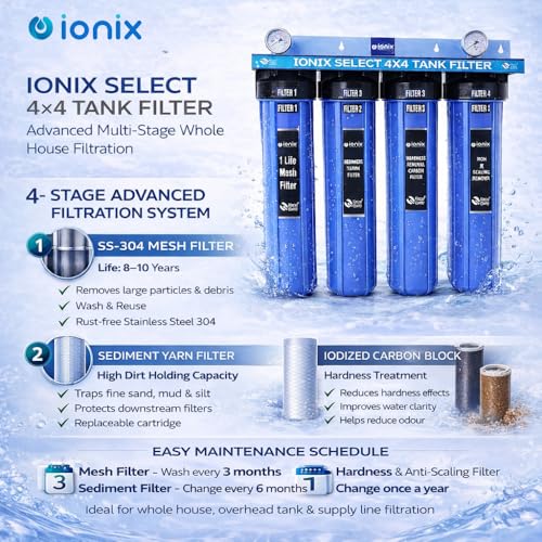 Image of IONIX 4 Stage Tank filter for whole house water filteration, Dual Sediment, Hardness, scale and Iron Prevention, 1 Set, Blue