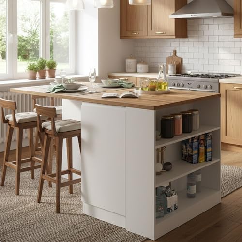 Dmora - Îlot de Cuisine Osvaldo, Armoire Polyvalente, Meuble de kitchenette, Table auxiliaire, 100% Made in Italy, 160x90h90 cm, Blanc Brillant et chêne