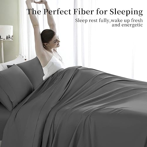 Miniatura 4 de Juego de sábanas 100% de algodón egipcio tamaño Queen, juego de sábanas pesadas de lujo de 1000 hilos (gris oscuro, Queen)