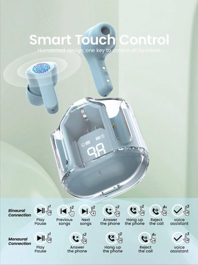 Image of Crystal Wireless Earbuds, Transparent Charging Case and LED Digital Display, Bluetooth Earphones with ENC Noise Cancelling, Touch Control, Google Assistant and Siri Suppor