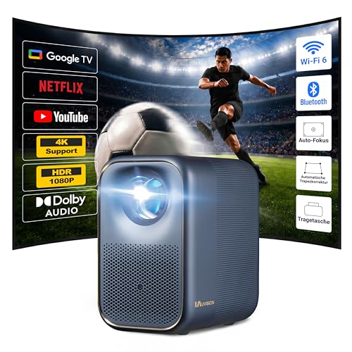 UVISION Smart Beamer integriertem Google TV, Netflix/YouTube,Dolby Audio, Autofokus/Trapezkorrektur Unterstützung 4K Heimkino Projektor, WiFi 6 & Bluetooth,Tragbar für Indoor & Outdoor