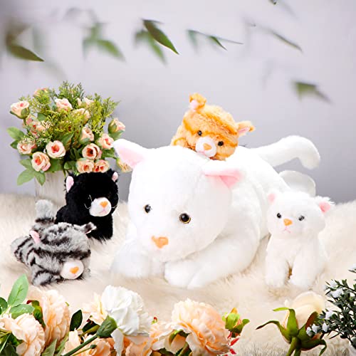 Skylety 5 Stück Plüsch Katzen Set Enthält Groß Katze Stofftier Weich Kuscheltier mit 4 Flauschig Plüschtier Kätzchen im Bauch Mama Katze zum Kuschel Schlaf Geburtstag Geschenk (Weiß)
