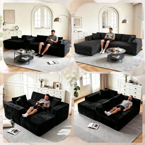 Image of 103 inch Modular Boneless Couches,Sectional Sofa for Living Room with 2 Cup Holders,Memory Foam Cloud Couch with L Shaped Oversized Chaise,No Assembly Needed Plush Corduroy Sofa,Black