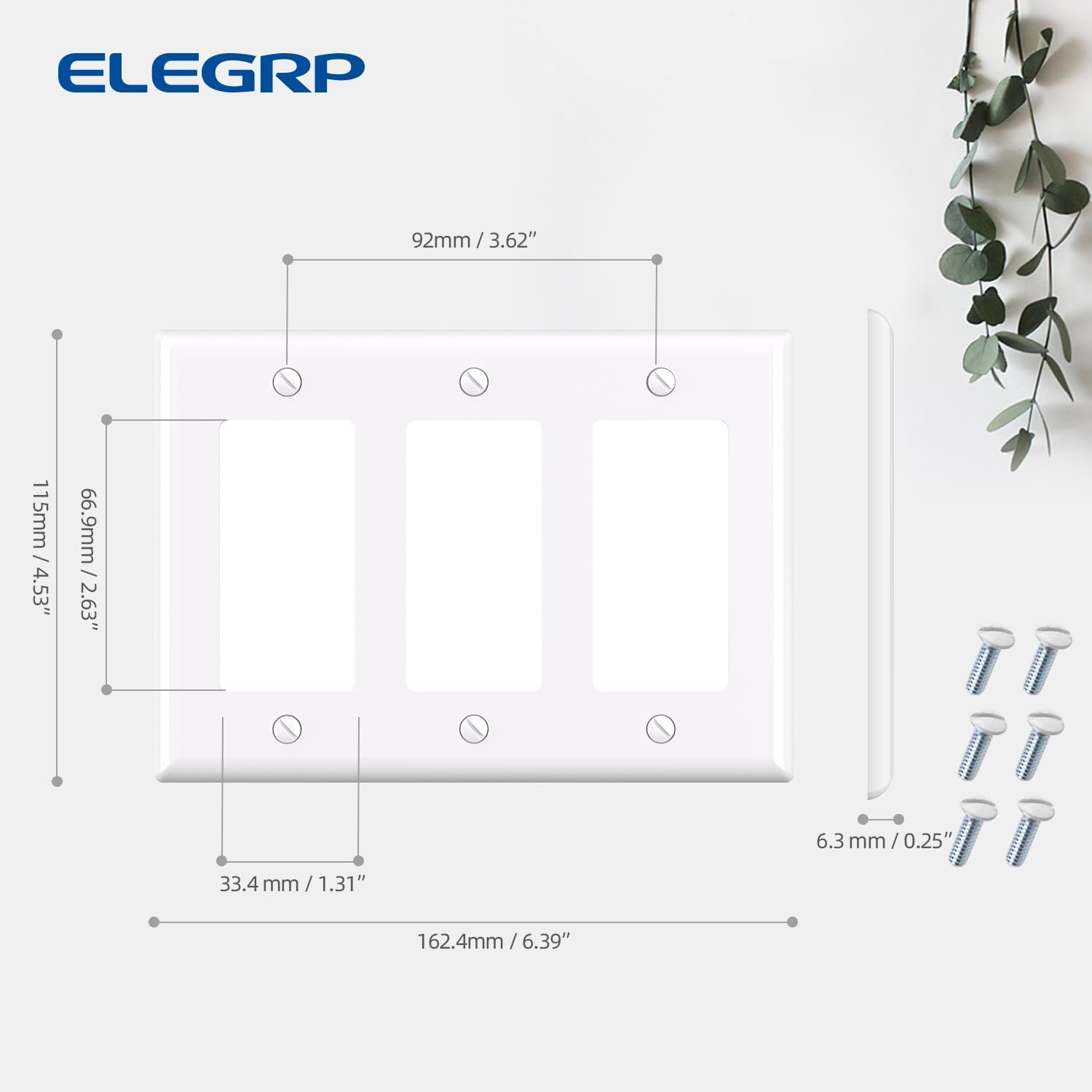 ELEGRP 3-Gang Decorative Wall Plates, Standard Size 4.53" H x 6.39" L Unbreakable Thermoplastic Faceplate Cover for Decorator Receptacle Outlet Switch, UL Listed (2 Pack, Glossy White)