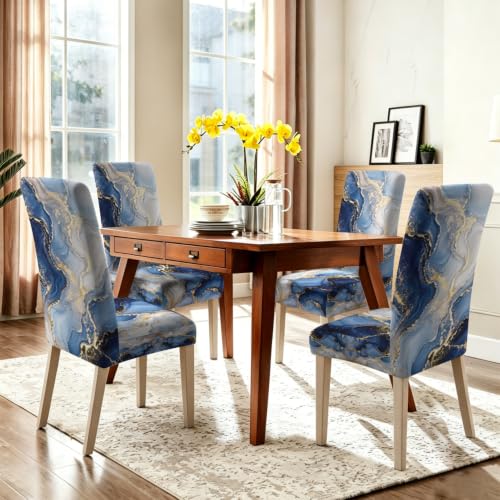 Image of Blue Marble Dining Chair Covers Set of 4, Gold Vein Slipcovers