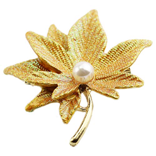 FOY-MALL Fashion Leaf Pearl Alloy Women Brooch Pins Color Yellow XZ1031