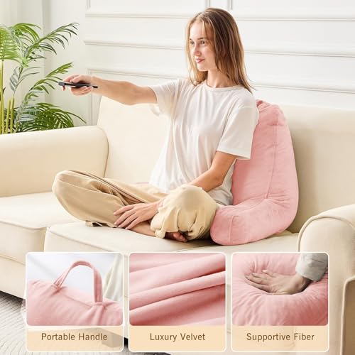 Image of Sasttie Reading Pillow for Bed, Back Pillow for Sitting Up, Peach Pink | 18 inch Backrest Support Cushion for Couch, Sofa, and Floor, Dorm Essentials, OEKO-TEX, Adjustable Down Alternative Fill