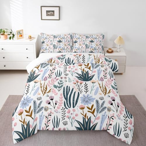 Image of Feelyou King Size Comforter Set, Cartoon Flowers Duvet Set - Pink, Green Plants, Botanical Leaves and Flowers Pattern, Durable Quilt Set