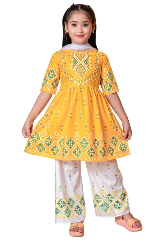 NEW JON Girl's Ethnic Kurta and Straight Pant Set with Silky Dupatta