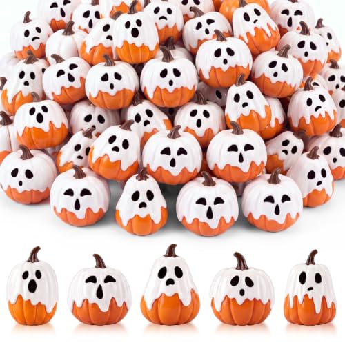 Qunclay 50 Pcs Mini Halloween Ghost Pumpkin Tiny Resin Pumpkin Decor