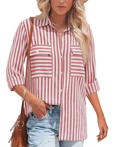 NONSAR Blusa para mujer de manga larga con rayas, camisa casual a rayas, de algodón, túnica, manga larga, blusa de lino, M