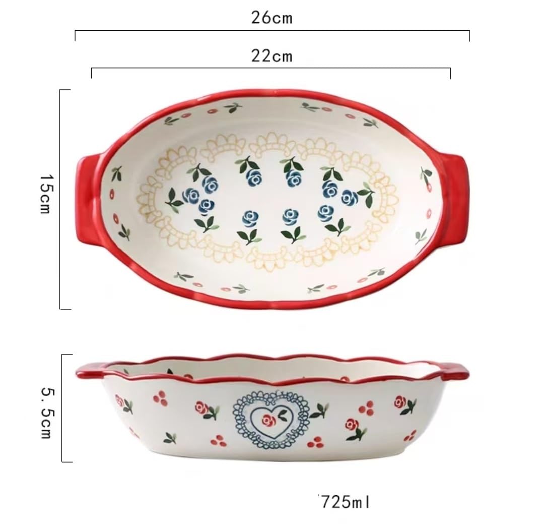 Fuente ovalada de cerámica for hornear con asas, cazuela de diseño floral for servir en el horno a la mesa, ideal for lasaña, pasteles, guisos y más(725ml)