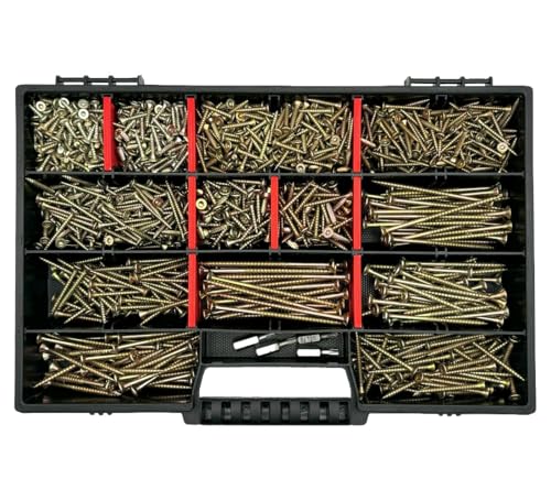 FRACKMANN Schraubenset 1000 Teile – Holzschrauben & Spanplattenschrauben 3x12 bis 4,5x80 – inkl. 4 TX Bits & Sortimentskoffer – Profiqualität Made in Germany