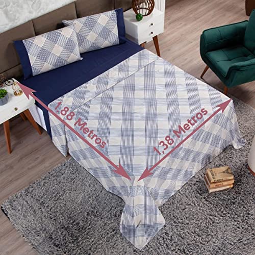 Jogo de Lençol Casal 4 Peças Estampado 200 Fios Floral (Azul e Xadrez)