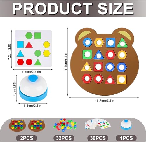 Image of WISHKEY Geometric Shape Matching Board Game for Kids 3-5 Years with Bell - Color Sorting, Shape Recognition Puzzle, Brain Development Educational Toy with 30 Cards & 32 Blocks for Preschool Learning