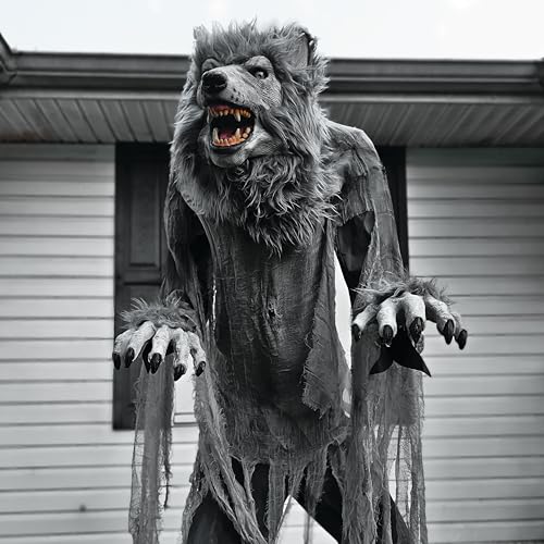 Haunted Hill Farm 7-Ft. Tall Towering Werewolf, Motion-Activated Animatronic for Indoor or Covered Outdoor Creepy Decorations, Plug-in Scary Halloween Prop