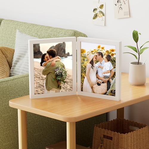 decorUhome Double 8x10 Picture Frame Vertical, Engineered Wood Bifold Photo Frame with Plexiglass for Tabletop Display, 8x10, White